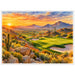 Watercolor desert golf course with mountain views, cacti, sand bunkers and a colorful golden sunset.