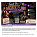 A fundraising card design for the New Day Printers Drama Club, featuring a dark purple and pink marquee-style header with theater masks, a thank-you message, photos of two children in costume, and text explaining year-round fundraising support. Below the card, black text on a white background reads: 'Year-Round Fundraising.