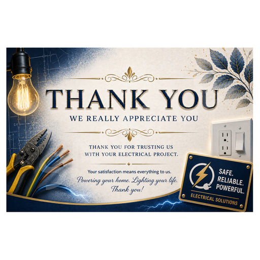 A square promotional thank-you graphic for an electrical project, featuring a glowing light bulb, wire tools, an outlet, and decorative text reading 'THANK YOU WE REALLY APPRECIATE YOU' with 'Safe, Reliable. Powerful.