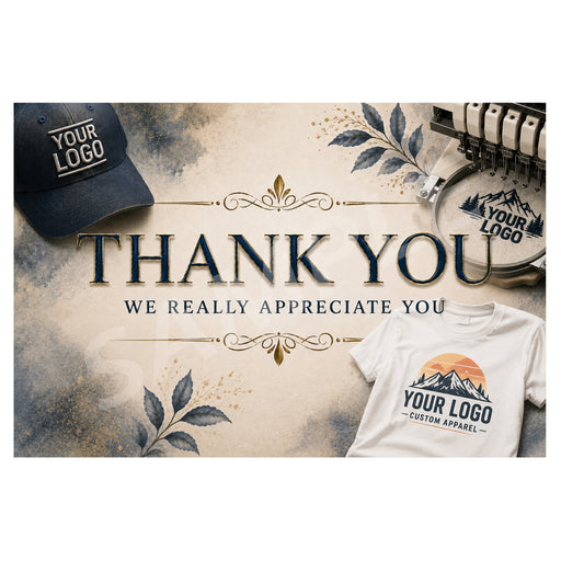 A promotional mockup showing several apparel items with placeholder branding: a navy baseball cap, a white T-shirt, and a round plate, all printed with generic 'YOUR LOGO' text and mountain graphics. The center contains large decorative text reading 'THANK YOU WE REALLY APPRECIATE YOU' over a textured beige background with floral and ornamental accents.