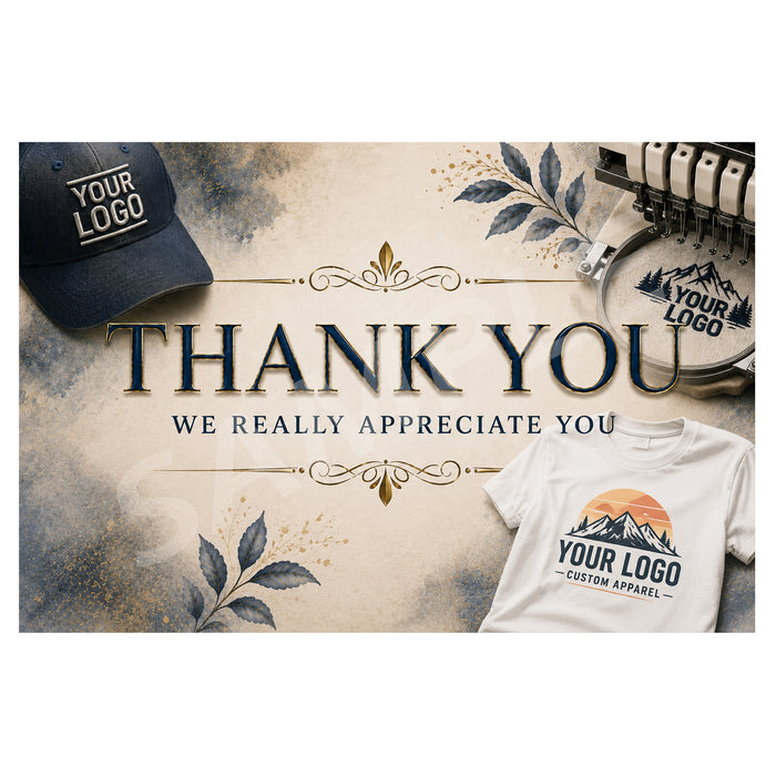 A promotional mockup showing several apparel items with placeholder branding: a navy baseball cap, a white T-shirt, and a round plate, all printed with generic 'YOUR LOGO' text and mountain graphics. The center contains large decorative text reading 'THANK YOU WE REALLY APPRECIATE YOU' over a textured beige background with floral and ornamental accents.