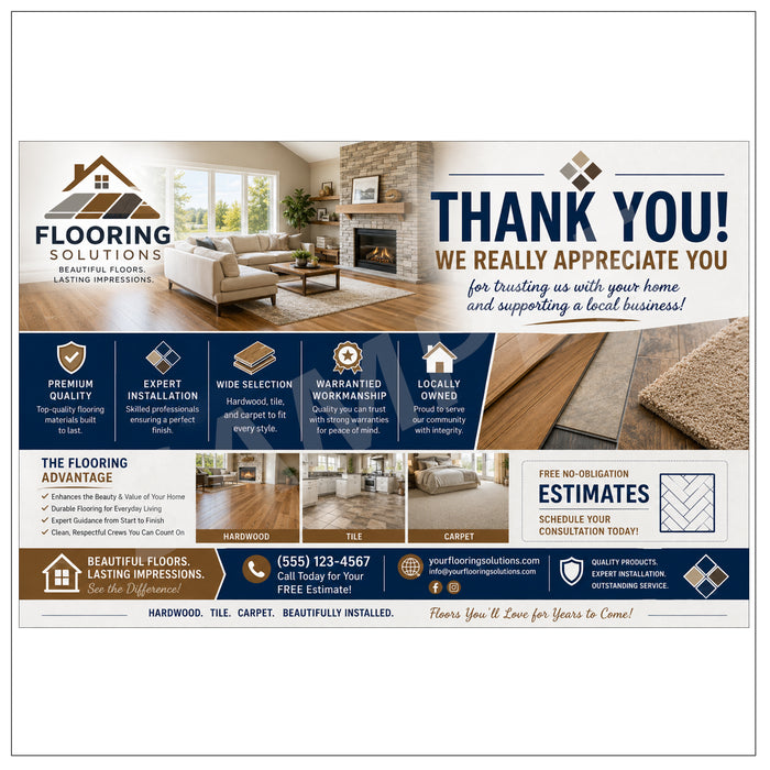 A promotional flyer or thank-you graphic for Flooring Solutions, featuring interior room photos of hardwood and tile flooring, text reading 'THANK YOU! WE REALLY APPRECIATE US,' feature icons, and contact information.