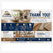 A promotional flyer or thank-you graphic for Flooring Solutions, featuring interior room photos of hardwood and tile flooring, text reading 'THANK YOU! WE REALLY APPRECIATE US,' feature icons, and contact information.