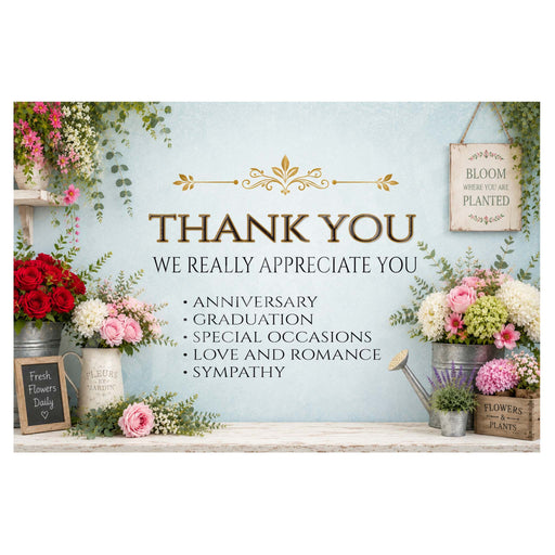 A decorative floral thank you sign with a light blue background, gold ornamental flourishes, and black text reading 'THANK YOU WE REALLY APPRECIATE YOU' followed by a bulleted list. The sign is styled with faux flowers, greenery, a watering can, and small signs on a white surface.