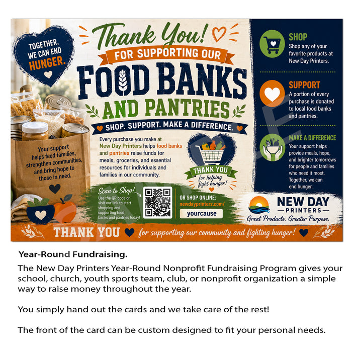 A fundraising card design for New Day Printers, featuring a 'Thank You' message for supporting food banks and pantries. The card has a multicolor layout with orange, blue, green, and white sections, illustrations of food items, and a QR code, with text explaining how customers can shop and support New Day Printers.