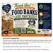 A fundraising card design for New Day Printers, featuring a 'Thank You' message for supporting food banks and pantries. The card has a multicolor layout with orange, blue, green, and white sections, illustrations of food items, and a QR code, with text explaining how customers can shop and support New Day Printers.