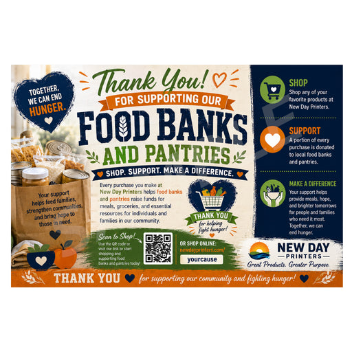 A promotional thank-you graphic for New Day Printers supporting food banks and pantries, with text, icons, and a QR code on a white background.