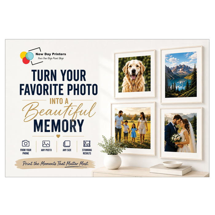 A promotional banner for New Day Printers showcasing a custom photo collage print service. The banner features the text 'TURN YOUR FAVORITE PHOTO INTO A Beautiful MEMORY' alongside four sample framed prints of a dog, a mountain landscape, a family, and a couple.