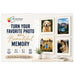 A promotional banner for New Day Printers showcasing a custom photo collage print service. The banner features the text 'TURN YOUR FAVORITE PHOTO INTO A Beautiful MEMORY' alongside four sample framed prints of a dog, a mountain landscape, a family, and a couple.