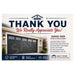 A promotional thank-you graphic for garage door repair and replacement service, featuring a garage door photo, large navy 'THANK YOU' text, red script reading 'We Really Appreciate You!', and a checklist of service items on a light background.