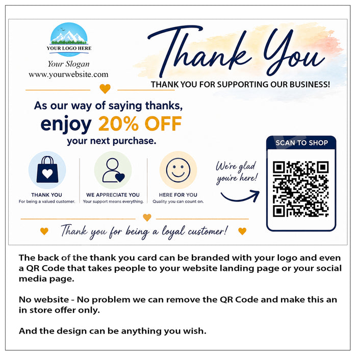 A digital template for a business thank you card and QR code offer, featuring a white background with blue and orange text, watercolor accents, and placeholder logos.