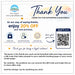A digital template for a business thank you card and QR code offer, featuring a white background with blue and orange text, watercolor accents, and placeholder logos.
