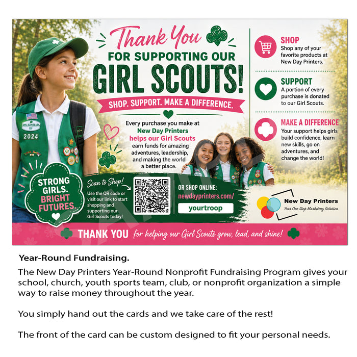 A fundraising card template for New Day Printers and Girl Scouts, featuring a young girl in a green vest and hat on the left, with text sections on the right detailing how to shop, support, and make a difference. Below the card, descriptive text explains the year-round fundraising program.