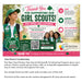 A fundraising card template for New Day Printers and Girl Scouts, featuring a young girl in a green vest and hat on the left, with text sections on the right detailing how to shop, support, and make a difference. Below the card, descriptive text explains the year-round fundraising program.
