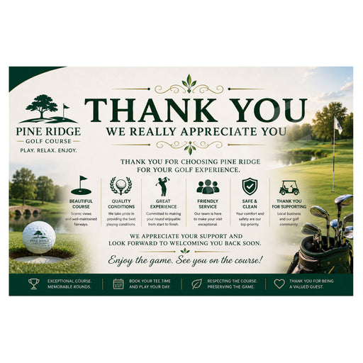 A golf course thank you sign for Pine Ridge Golf Course, featuring a scenic background of a golf course, a golf ball, a club, and text expressing appreciation to guests.
