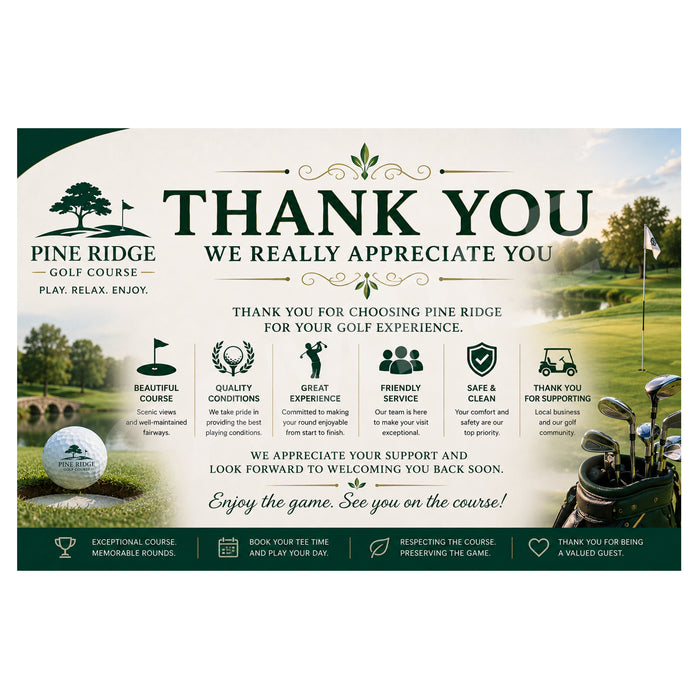A golf course thank you sign for Pine Ridge Golf Course, featuring a scenic background of a golf course, a golf ball, a club, and text expressing appreciation to guests.