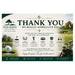 A golf course thank you sign for Pine Ridge Golf Course, featuring a scenic background of a golf course, a golf ball, a club, and text expressing appreciation to guests.