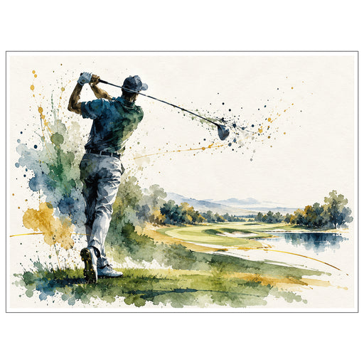 Watercolor artwork of a golfer completing his swing with expressive blue, green and gold splashes against a golf course landscape.