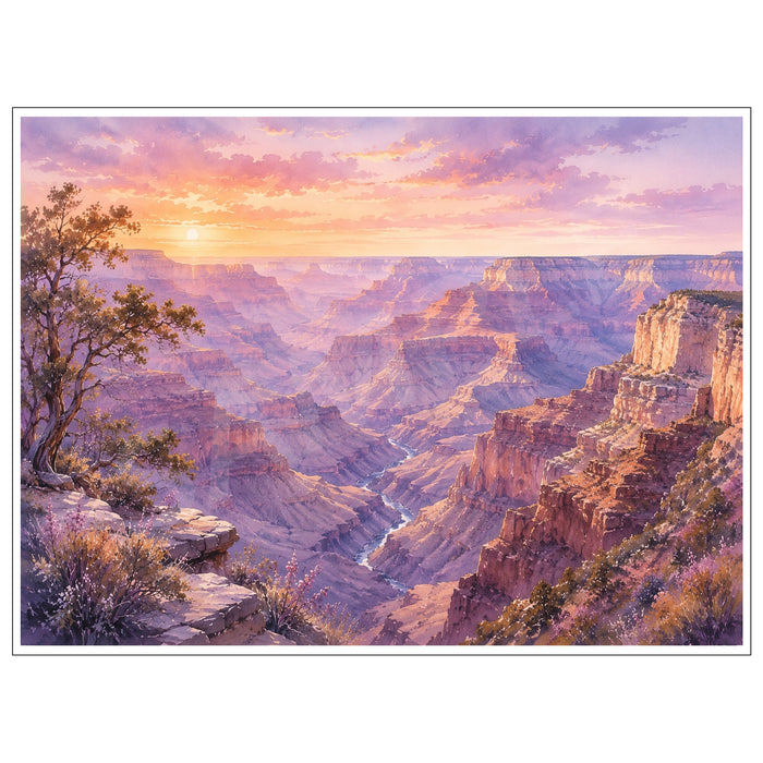 Grand Canyon fine art landscape in soft pastel shades of lavender, pink, peach and gold, featuring towering sandstone cliffs, the winding Colorado River and a glowing sunset over the Arizona desert.