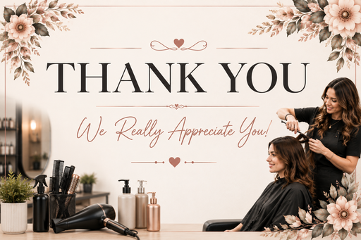 A spa-style salon thank you sign with floral corner decorations, featuring the text 'THANK YOU We Really Appreciate You!' above a salon scene with a stylist cutting a client's hair.