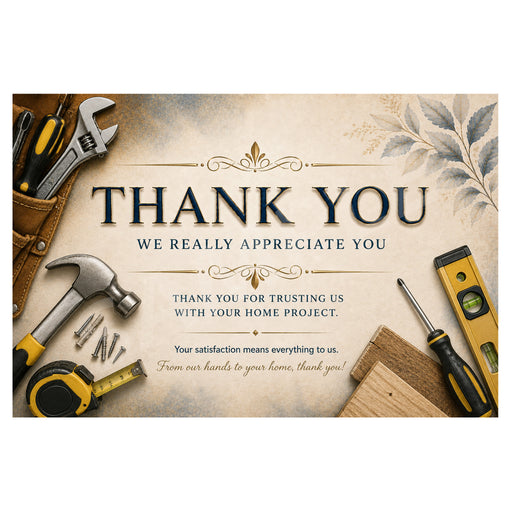 A rectangular printed sign or card with a warm beige background and decorative tool illustrations around the border, featuring the text 'THANK YOU WE REALLY APPRECIATE YOU' and smaller home-project thank-you messaging.