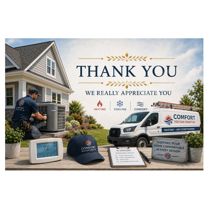 A promotional thank-you graphic for Comfort HVAC services, showing a home exterior with a technician working on an outdoor air conditioner, a branded service van, a thermostat, a branded cap, a clipboard, and a comfort pillow, with large text reading 'THANK YOU WE REALLY APPRECIATE YOU' and Comfort logos.