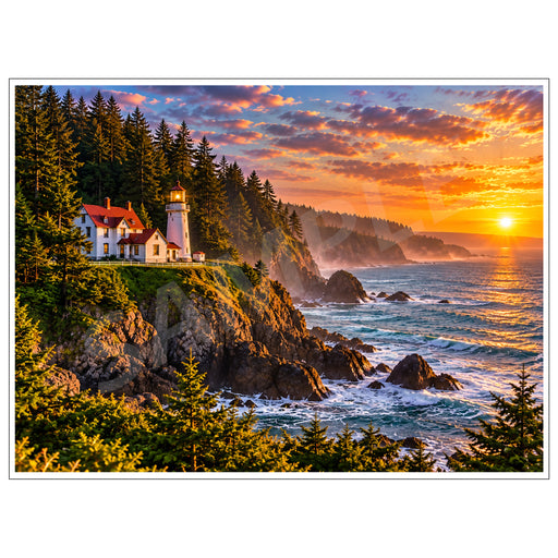 Heceta Head Lighthouse on the Oregon Coast at sunset, featuring the historic white lighthouse, keeper's house, evergreen forests, rocky cliffs and crashing Pacific Ocean waves.