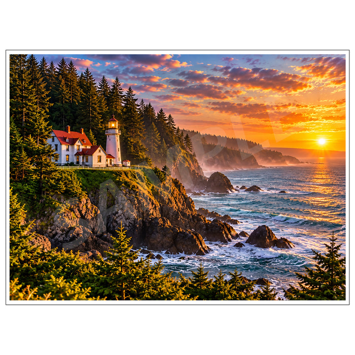 Heceta Head Lighthouse on the Oregon Coast at sunset, featuring the historic white lighthouse, keeper's house, evergreen forests, rocky cliffs and crashing Pacific Ocean waves.
