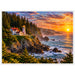 Heceta Head Lighthouse on the Oregon Coast at sunset, featuring the historic white lighthouse, keeper's house, evergreen forests, rocky cliffs and crashing Pacific Ocean waves.