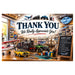 A large white 'THANK YOU We Really Appreciate You!' sign displayed in a hobby shop setting, with toy vehicles, a small airplane, a yellow car, a blackboard listing shop items, and a blue 'HOBBY SHOP' logo in the top right.