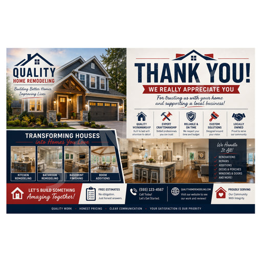 A digital business card or flyer for 'Quality Home Remodeling', featuring a large photo of a modern house on the left, service icons on the right, and contact information at the bottom. The design uses a color palette of navy blue, red, white, and beige.