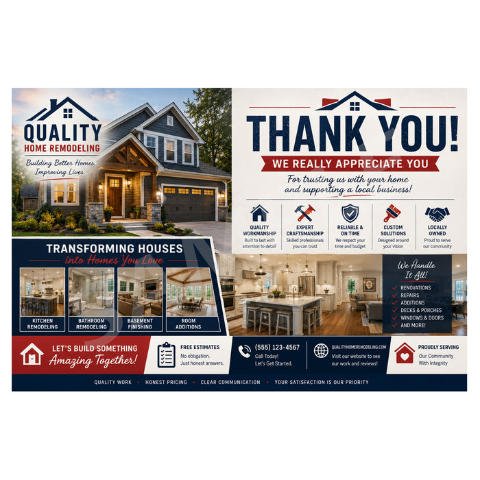 A digital business card or flyer for 'Quality Home Remodeling', featuring a large photo of a modern house on the left, service icons on the right, and contact information at the bottom. The design uses a color palette of navy blue, red, white, and beige.