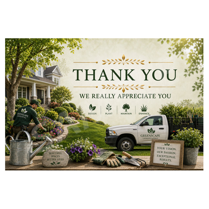 A large outdoor yard sign with a garden-themed scene and the text 'THANK YOU WE REALLY APPRECIATE YOU.' The sign shows a house, lawn, white service truck, gardening tools, plants, and small icons for design, plant, maintain, and enhance.