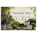 A large outdoor yard sign with a garden-themed scene and the text 'THANK YOU WE REALLY APPRECIATE YOU.' The sign shows a house, lawn, white service truck, gardening tools, plants, and small icons for design, plant, maintain, and enhance.