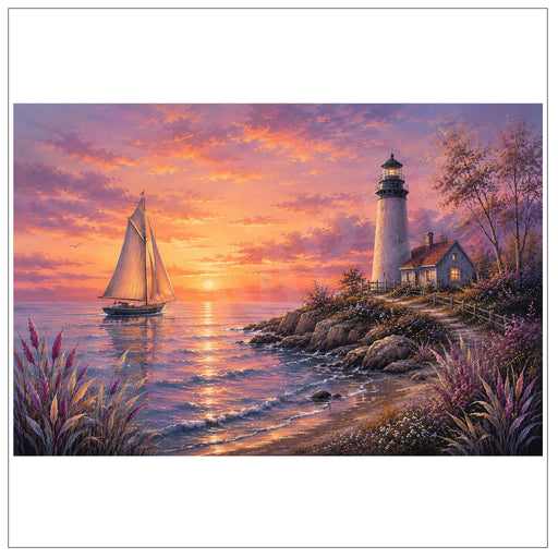 A scenic artwork showing a coastal lighthouse beside a small house at sunset, with a sailboat on the water and purple flowers in the foreground, presented on a white background.