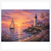 A scenic artwork showing a coastal lighthouse beside a small house at sunset, with a sailboat on the water and purple flowers in the foreground, presented on a white background.