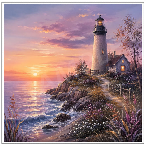 Soft painterly artwork of a white coastal lighthouse and keeper's cottage at sunset, overlooking gentle ocean waves, rocky cliffs, a winding pathway and colorful wildflowers beneath a lavender and pink sky.