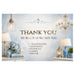 A decorative thank-you card or sign with a soft blue and white textured background, featuring the text 'THANK YOU WE REALLY APPRECIATE YOU' and a list of gift categories: chandeliers, pendants, sconces, lamps, and decor. The design is styled with elegant home decor elements including lamps, a chandelier, a lantern, and blue floral arrangements.