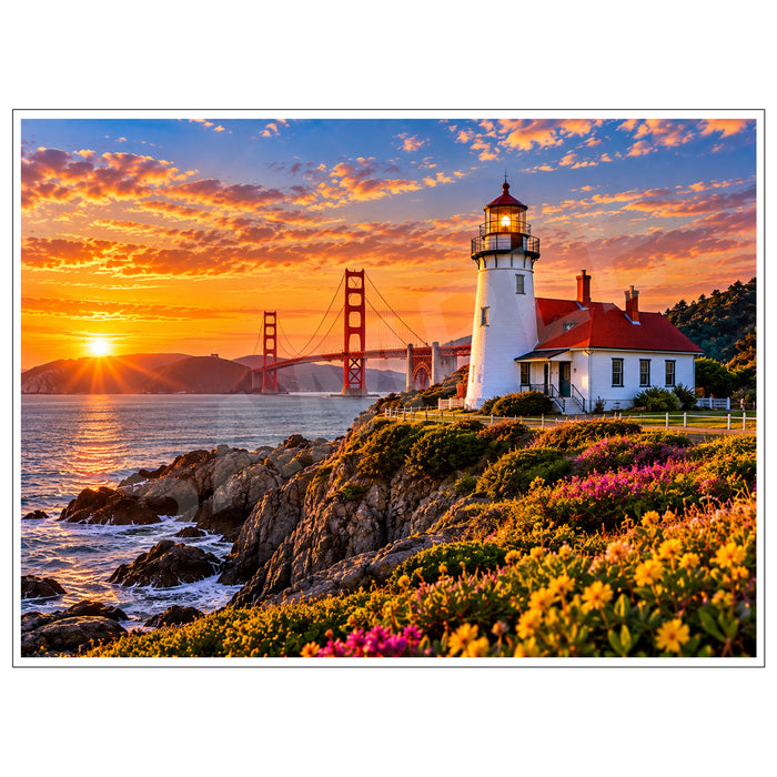 Artistic sunset scene of the Golden Gate Bridge and a white coastal lighthouse overlooking San Francisco Bay, with rocky cliffs, colorful wildflowers and golden ocean reflections.