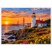 Artistic sunset scene of the Golden Gate Bridge and a white coastal lighthouse overlooking San Francisco Bay, with rocky cliffs, colorful wildflowers and golden ocean reflections.