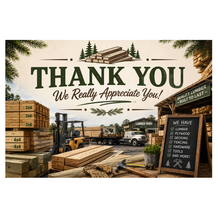 A rustic lumber yard themed thank you sign with stacked wood, a forklift, and a chalkboard listing lumber products. The sign reads 'THANK YOU We Really Appreciate You!' with pine trees and wood stacks above.