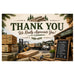 A rustic lumber yard themed thank you sign with stacked wood, a forklift, and a chalkboard listing lumber products. The sign reads 'THANK YOU We Really Appreciate You!' with pine trees and wood stacks above.