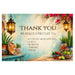A square Mexican-themed restaurant sign or greeting card featuring the text 'THANK YOU WE REALLY APPRECIATE YOU' with 'AUTHENTIC MEXICAN FOOD' and bullet points for fajitas, burritos, tamales, and tacos. The design has a warm turquoise and cream background with hanging lanterns, pink flowers, potted cacti, and bowls of lime and chili peppers.