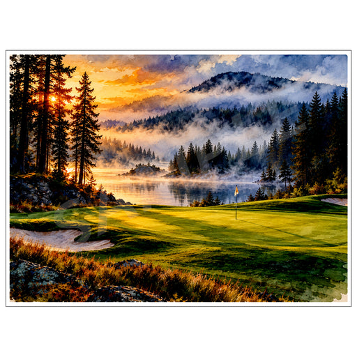 Watercolor golf course beside a misty mountain lake surrounded by evergreen forests and mountains at sunrise.