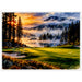 Watercolor golf course beside a misty mountain lake surrounded by evergreen forests and mountains at sunrise.