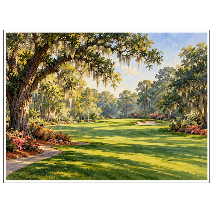 Watercolor golf course with a sunlit fairway framed by moss-draped oak trees, colorful flowers and a sand bunker.