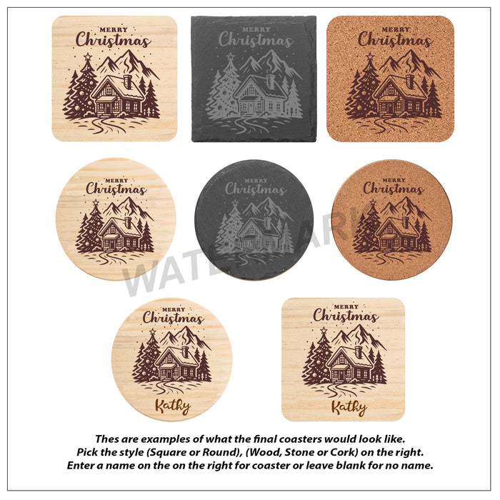 Merry Christmas Mountains Wood Coaster