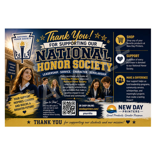 A promotional thank-you flyer for the National Honor Society, featuring a dark blue background with gold and white text, school building imagery, student portraits, and New Day Printers branding and contact details.