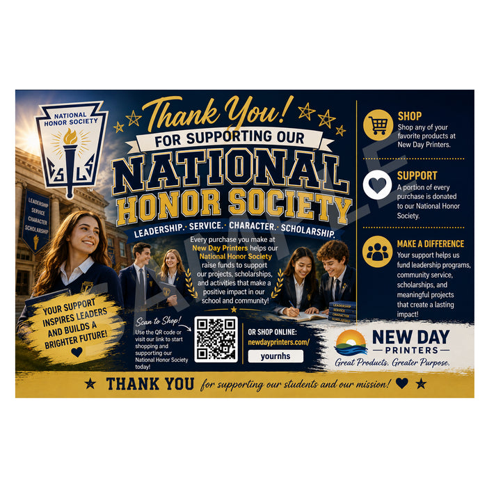 A promotional thank-you flyer for the National Honor Society, featuring a dark blue background with gold and white text, school building imagery, student portraits, and New Day Printers branding and contact details.