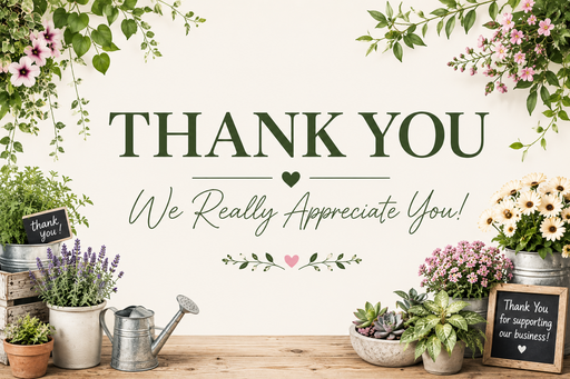 A decorative thank-you graphic with the words 'THANK YOU We Really Appreciate You!' centered on a cream background, surrounded by floral arrangements, potted plants, a watering can, and small chalkboard signs on a wooden surface.